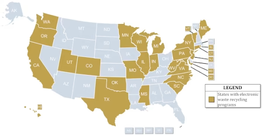 Map of US Electronic disposal law states