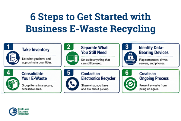 Six-step business e-waste recycling process covering inventory, reuse, data-bearing devices, consolidation, recycler selection, and ongoing management.