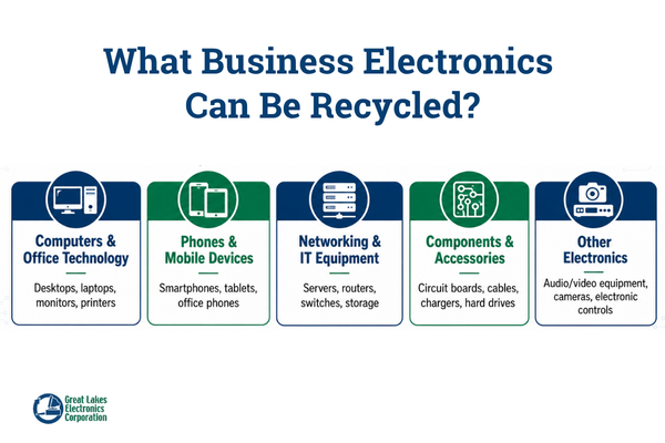 Infographic showing recyclable business electronics including computers, phones, servers, circuit boards, cables, and other electronic equipment.