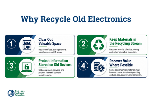Infographic showing four reasons businesses should recycle old electronics: save space, recover materials, protect data, and recover value.