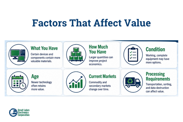 Infographic showing factors that affect the value of old business electronics, including equipment type, quantity, condition, age, market conditions, and processing requirements.